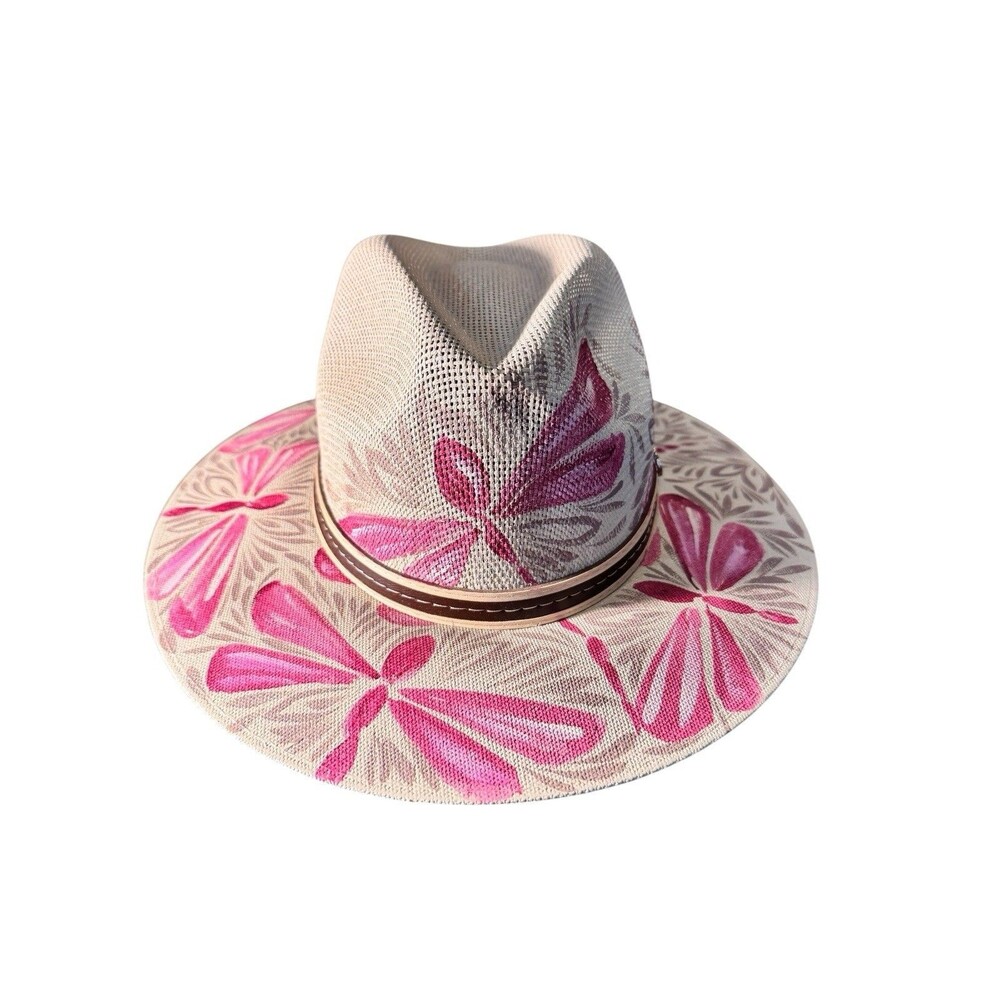 Mexican Artisanal Hand Painted Fedora Hat Pink Dragonfly-Beige M - Picture 4 of 16